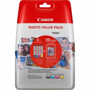 Canon Pack Papel + tinteiros - Papel Fotográfico 4x6 (PP-201 50-folhas) + CLI-571 Cyan, Magenta, Yellow - 0386C006