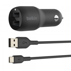 Belkin BOOST CHARGE Dual Charger - Adaptador de energia para automóvel - 24 Watt - 4.8 A - 2 conectores de saída - no cabo USB-C