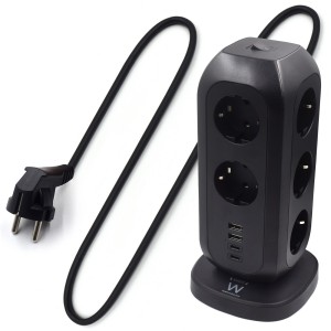 EWENT Tower Power strip, 11 outlets Shuko version black 16A, desktop,with 3 USB-A + 1 USB-C ports, cable 1.8m - EW3862