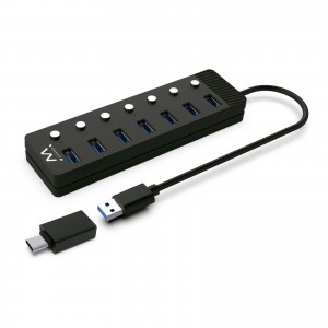 EWENT HUB USB3.2 Gen1 7 portas com botão, adaptador corrente, USB-A e USB-C - EW1147
