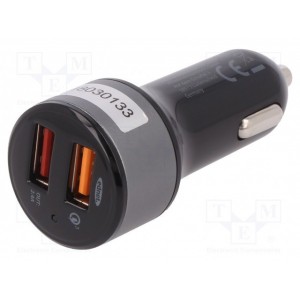 USB Car Charger, Quick Charge 3.0, 2 Ports Input 12-24V, Outputs 3-6.5V/3A, 5V/2.4A Qualcomm Quick Charge 3.0