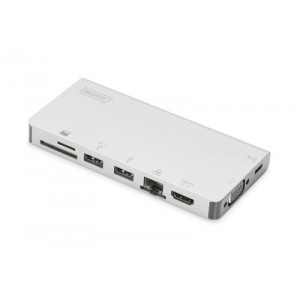USB-C Multiport Travel Dock, 8 Port 2x video, 2x USB-C, 2x USB3.0, RJ45,2x card reader MicroSD,SD/MMC, silver