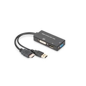 HDMI converter cable, HDMI - DP+DVI+VGA M-F/F/F, 0,2m, 3 in 1 Multi-Media cable, CE, bl, gold