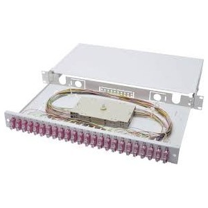 FO splice box, 1U, equipped, 24x SC DX, OM4 incl. splice cassette, colored pigtails, couplers OM4 Color Pigtails, Adapter