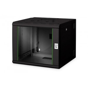 9U wall mounting cabinet, Unique, 509x600x600 mm double sectioned, pivotable, black (RAL 9005) color black (RAL 9005)