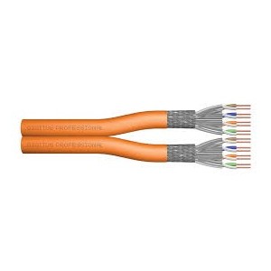 CAT 7 S-FTP installation cable, 1200 MHz Dca (EN 50575), AWG 23/1, 100 m ring, duplex, color orange